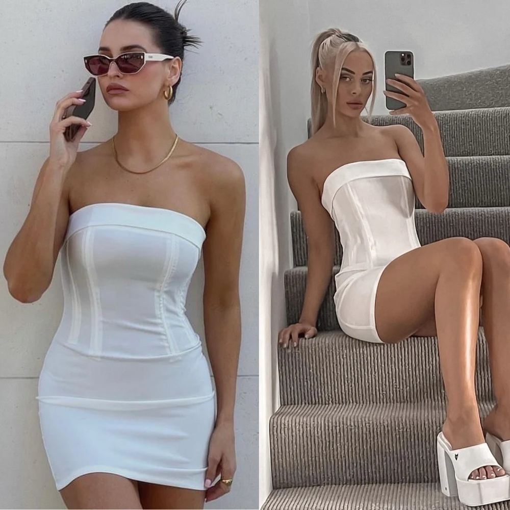 With Jean- White Strapless Chloe Corset Mini Dress Size Large Bridal Graduation